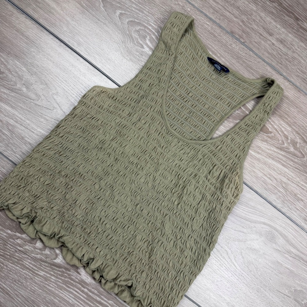 American Eagle Women Tank Top Smocked Ruffle Hem Olive Green L